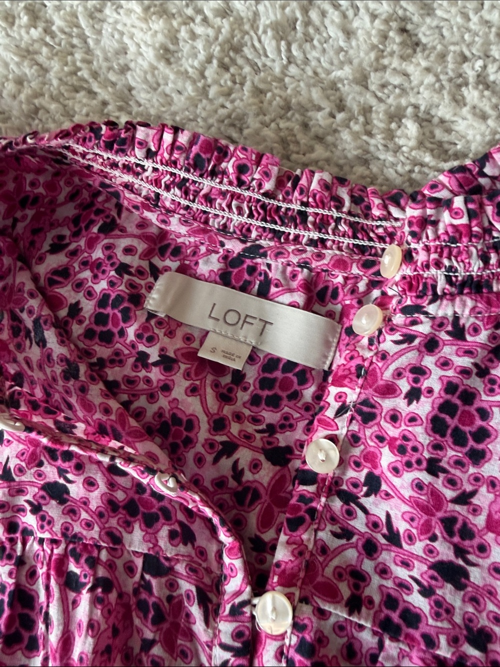 LOFT Pink Floral Henley Blouse with Smocked Cuffs - Picture 2 of 6